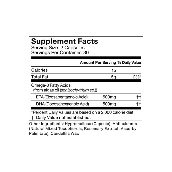 Supplement facts label for Vegan Omega-3 showing 2 capsules serving size, 15 calories, 1.5g total fat, and 500mg each of EPA and DHA omega-3 fatty acids from algae oil.