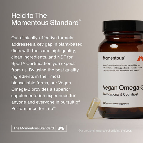 Vegan Omega-3 dietary supplement bottle next to detailed text describing its clinically-effective plant-based formula designed for cardiovascular, cognitive, muscle, and joint health support.