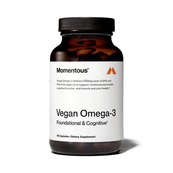 Bottle of Vegan Omega-3 dietary supplement capsules with text highlighting cardiovascular, cognitive, muscle, and joint support from algae oil EPA and DHA.