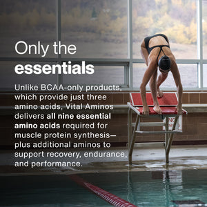 A swimmer poised on the starting block at an indoor pool, alongside text highlighting that Vital Aminos provides all nine essential amino acids for muscle recovery, endurance, and performance.