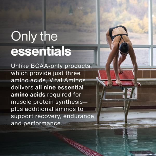 A swimmer poised on the starting block at an indoor pool, alongside text highlighting that Vital Aminos provides all nine essential amino acids for muscle recovery, endurance, and performance.