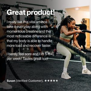 Woman exercising with battle ropes in gym environment alongside testimonial text praising Vital Aminos for improved recovery and increased workout performance.