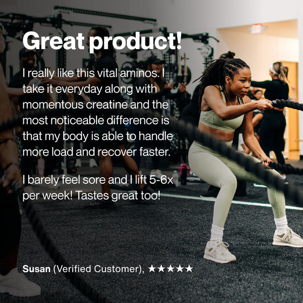 Woman exercising with battle ropes in gym environment alongside testimonial text praising Vital Aminos for improved recovery and increased workout performance.