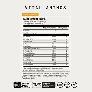 Supplement facts label for Vital Aminos in tropical punch flavor showing amino acid content per serving and other ingredients, highlighting wellness supplement details.