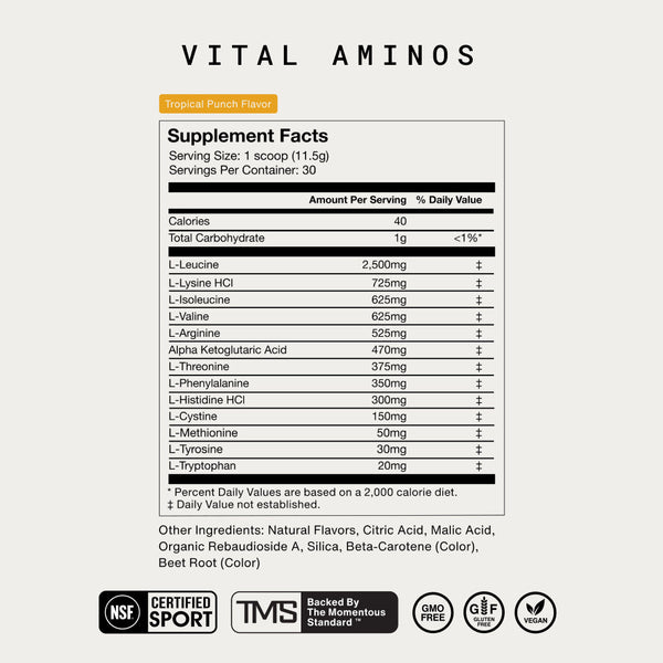 Supplement facts label for Vital Aminos in tropical punch flavor showing amino acid content per serving and other ingredients, highlighting wellness supplement details.