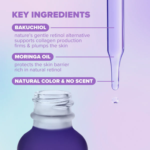 Close-up of a dropper releasing a clear drop above a purple serum bottle, highlighting key ingredients of Better With Age™ Renewing Bakuchiol Serum | ClarityRX, including bakuchiol and moringa oil for skincare benefits.