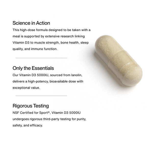 Clear capsule containing powder next to text highlighting Vitamin D3 5000 IU benefits including muscle strength, bone health, sleep quality, immune function, high potency, and rigorous third-party testing.