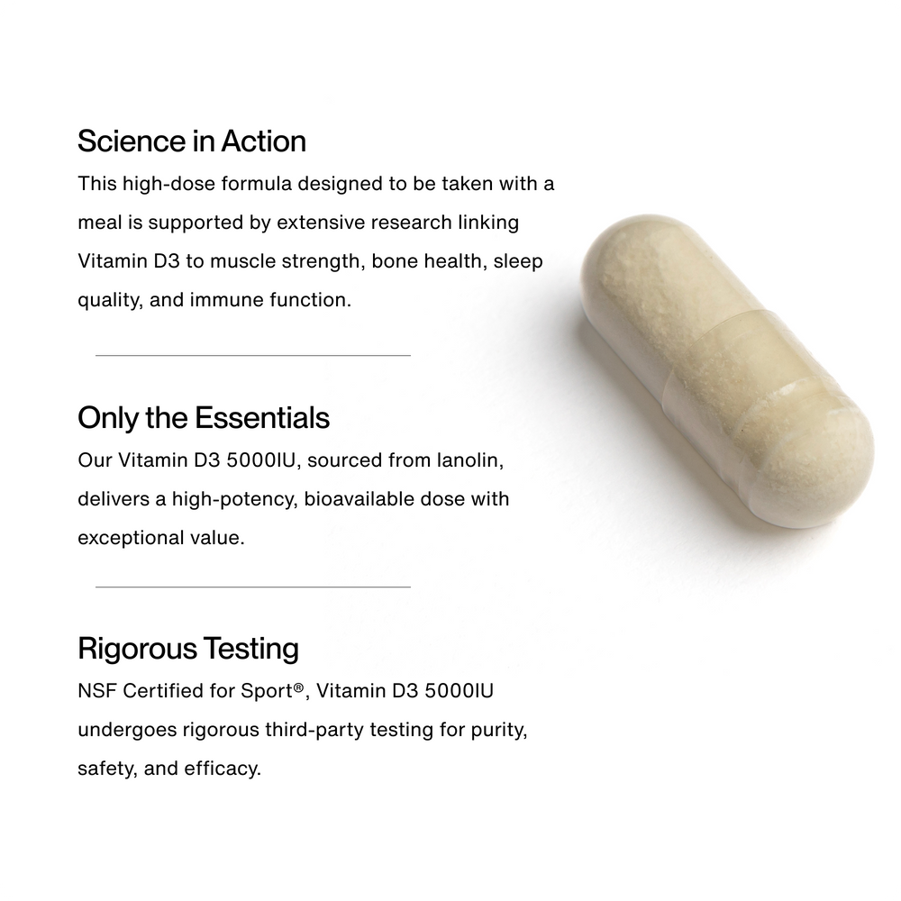 Bottle of Vitamin D3 5000 IU dietary supplement capsules supporting skeletal, muscular, cardiovascular, and immune health for overall wellness.