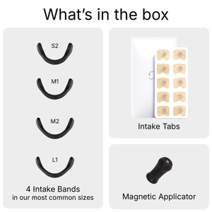 Contents of Intake Nasal Strip Starter Kit - 15 Pack | Intake Breathing showing four black intake bands in different sizes, a sheet of Intake Tabs, and a magnetic applicator for ease of use.