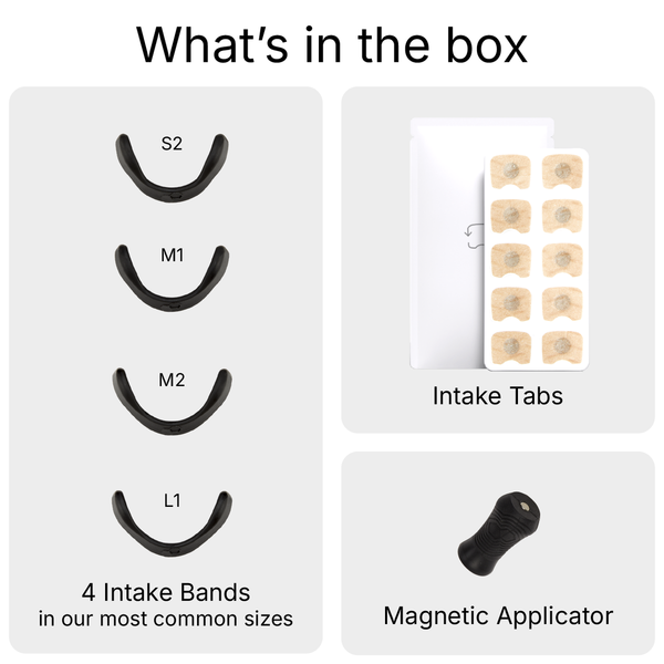 Contents of Intake Nasal Strip Starter Kit - 15 Pack | Intake Breathing showing four black intake bands in different sizes, a sheet of Intake Tabs, and a magnetic applicator for ease of use.