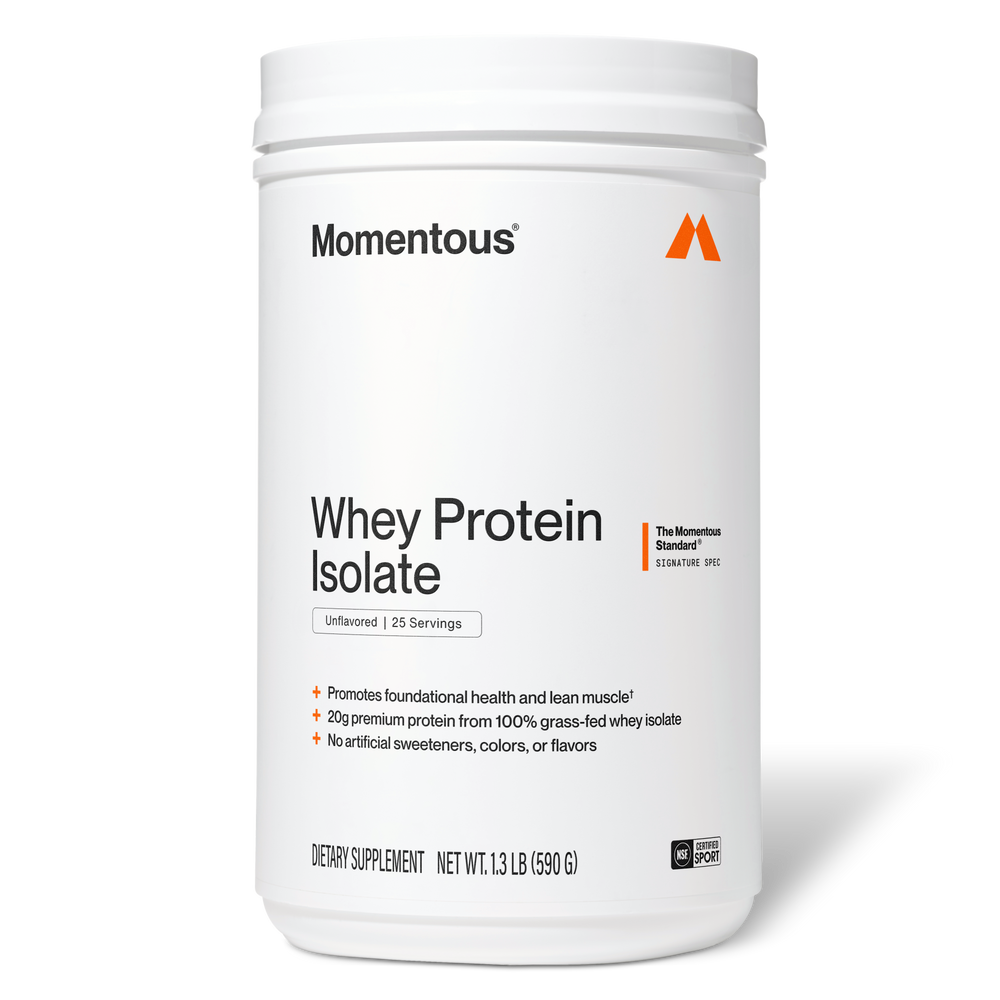 Container of Momentous Whey Protein Isolate dietary supplement in chocolate flavor, designed to support muscle growth, recovery, and overall wellness.