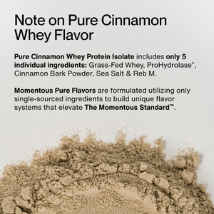 Informational note describing Pure Cinnamon flavor of Whey Protein Isolate - Flavor Series, highlighting its five natural ingredients and commitment to unique, high-quality flavor standards.