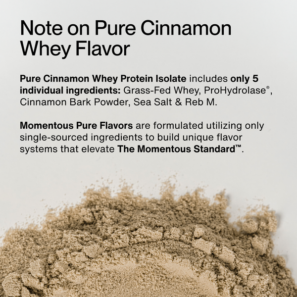 Informational note describing Pure Cinnamon flavor of Whey Protein Isolate - Flavor Series, highlighting its five natural ingredients and commitment to unique, high-quality flavor standards.