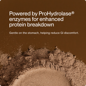 Close-up of a scoop of brown protein powder with text highlighting ProHydrolase enzymes for enhanced protein breakdown and gentle digestion, promoting reduced GI discomfort, related to Whey Protein Isolate - Flavor Series.