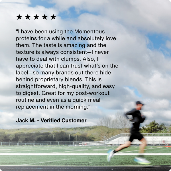 Five-star customer review praising the taste, texture, and quality of Whey Protein Isolate - Flavor Series, alongside a blurred image of a runner on a track field.
