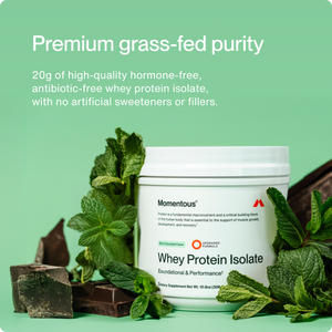Container of Whey Protein Isolate - Flavor Series beside fresh mint leaves and pieces of dark chocolate on a light green background, highlighting premium grass-fed purity and natural ingredients.