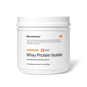 Container of Whey Protein Isolate - Flavor Series dietary supplement in chocolate coconut flavor designed for muscle growth and recovery.