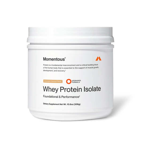 Container of Whey Protein Isolate - Flavor Series dietary supplement in chocolate coconut flavor designed for muscle growth and recovery.