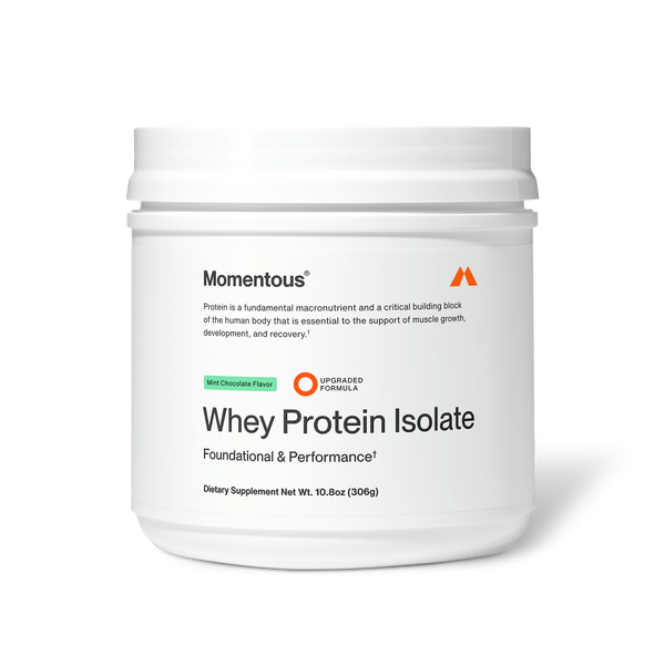 Container of Whey Protein Isolate - Flavor Series in mint chocolate flavor, a dietary supplement supporting muscle growth, recovery, and performance.
