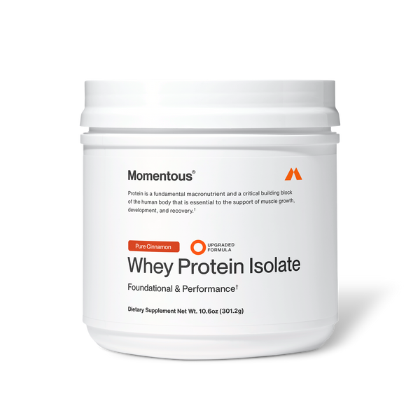 White container of Whey Protein Isolate - Flavor Series in pure cinnamon flavor, a dietary supplement designed for muscle growth and recovery.