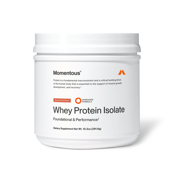 White container of Whey Protein Isolate - Flavor Series with Spiced Chai flavor, designed to support muscle growth, development, and recovery.