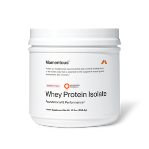 Container of Whey Protein Isolate - Flavor Series dietary supplement in strawberry flavor with a clean white label emphasizing muscle recovery and performance.