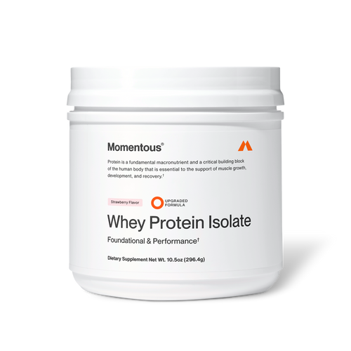 Container of Whey Protein Isolate - Flavor Series dietary supplement in strawberry flavor with a clean white label emphasizing muscle recovery and performance.