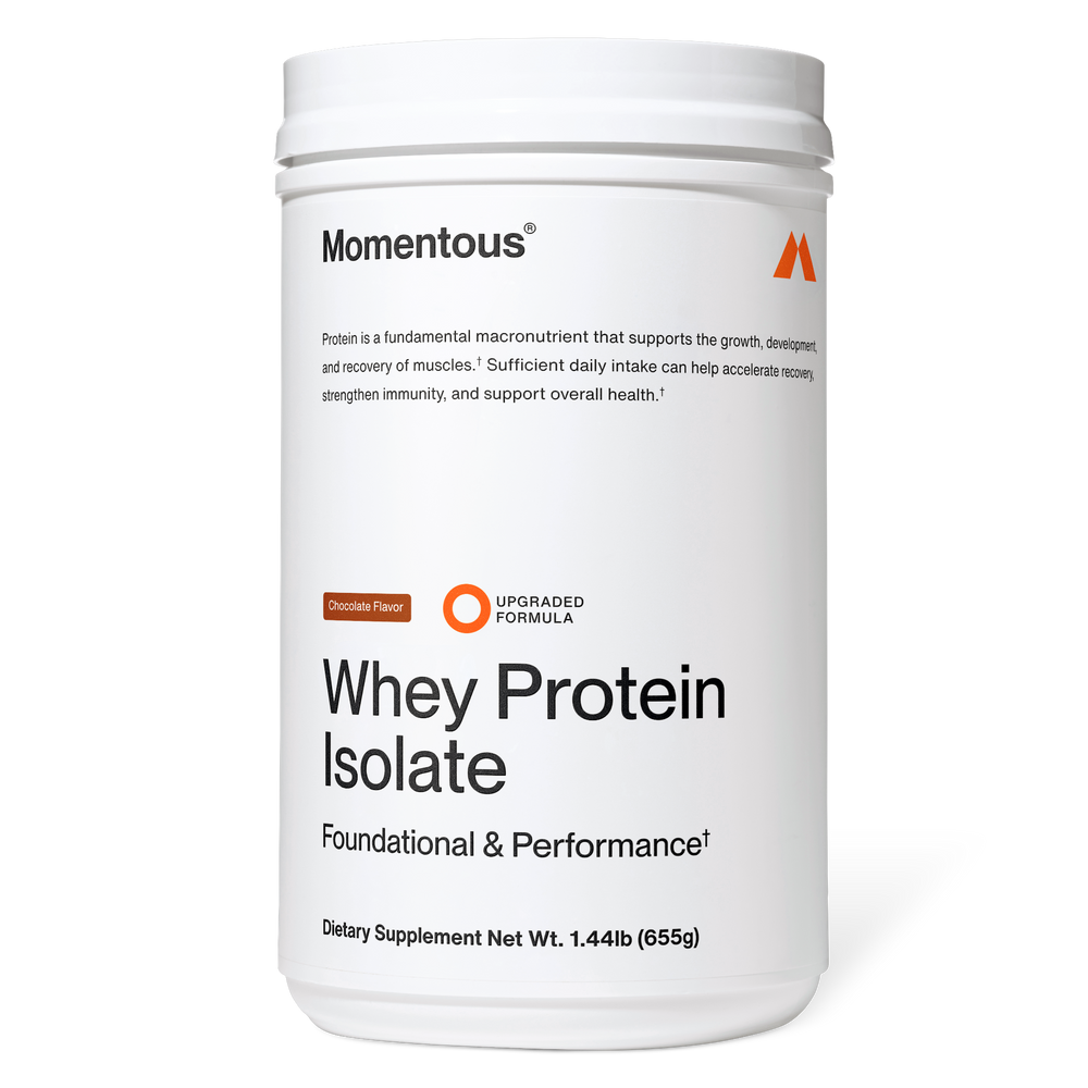 Container of Momentous Whey Protein Isolate dietary supplement in chocolate flavor, designed to support muscle growth, recovery, and overall wellness.