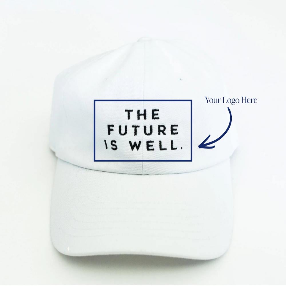 White dad hat featuring THE FUTURE IS WELL text and a Your Logo Here placeholder, Dad Hat - Private Label | Lucky Owl