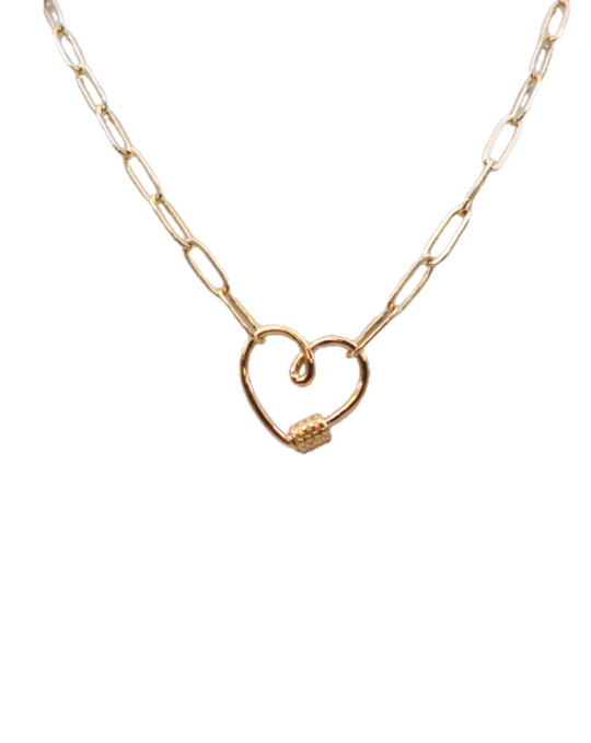 Heart Link Gold Paperclip Chain Necklace (18" / White Crystal Studded) | Love You More featuring a delicate gold-tone paperclip chain with a heart-shaped link centerpiece.