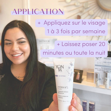 Woman smiling while holding a tube of Hydra No. 1 Masque Sleep Gel Mask | Yon-Ka Paris in a skincare store, with purple text instructions for application in French.