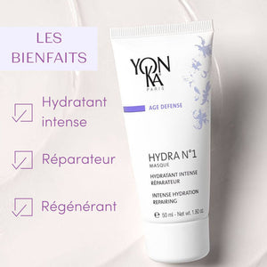 Hydra No. 1 Masque Sleep Gel Mask | Yon-Ka Paris in white tube with purple floral design, promoting intense hydration, repairing, and regenerating skincare benefits.