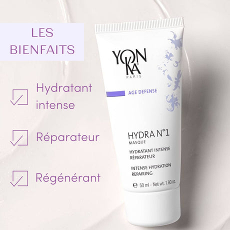 Hydra No. 1 Masque Sleep Gel Mask | Yon-Ka Paris in white tube with purple floral design, promoting intense hydration, repairing, and regenerating skincare benefits.