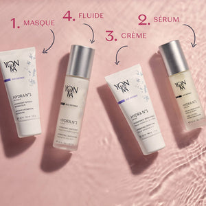 Four Yon-Ka Paris skincare products including Hydra No. 1 Masque Sleep Gel Mask arranged on a pink background with soft lighting and shadows.