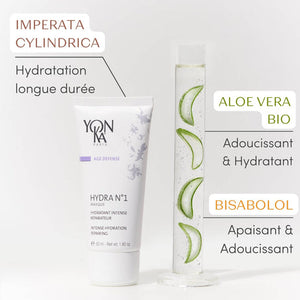 Hydra No. 1 Masque Sleep Gel Mask | Yon-Ka Paris tube displayed next to a clear container with aloe vera slices, highlighting key natural ingredients for intense hydration and soothing skincare.