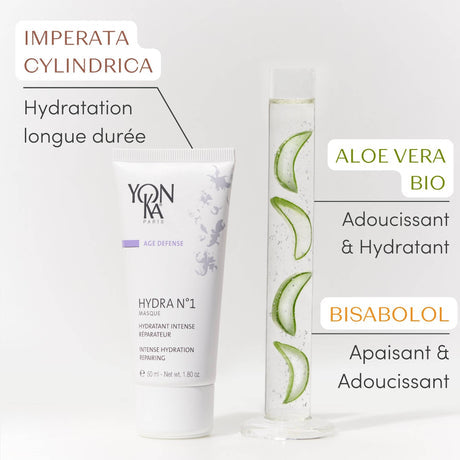 Hydra No. 1 Masque Sleep Gel Mask | Yon-Ka Paris tube displayed next to a clear container with aloe vera slices, highlighting key natural ingredients for intense hydration and soothing skincare.