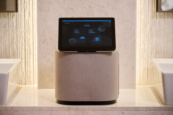 Modern wellness device MediSpa Pro | Ceragem with touchscreen interface displayed in a minimalist spa setting promoting relaxation and body care.