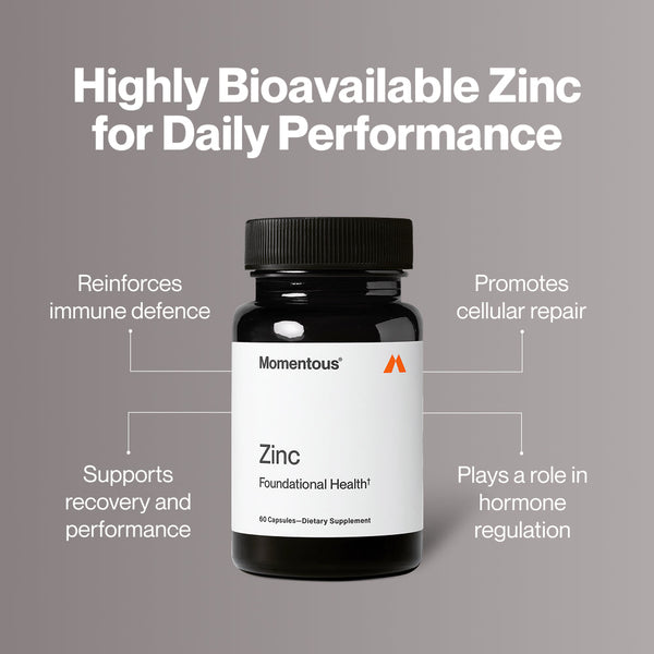 Black bottle of Zinc dietary supplement highlighting benefits such as reinforcing immune defense, supporting recovery and performance, promoting cellular repair, and aiding hormone regulation for daily wellness.
