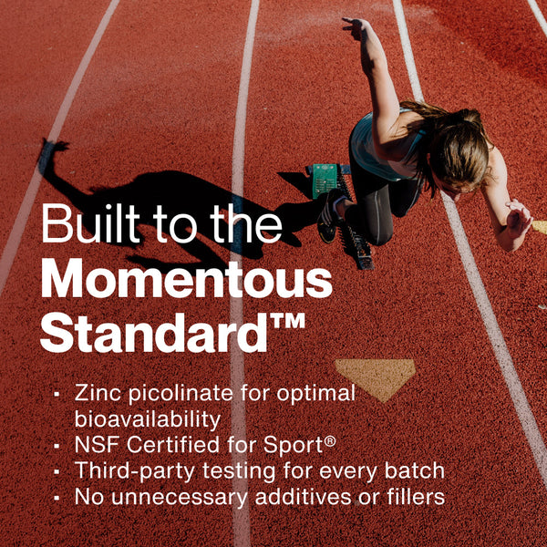Athlete preparing to sprint on a race track with text highlighting Zinc’s high-quality features including zinc picolinate, sport certification, third-party testing, and no fillers.