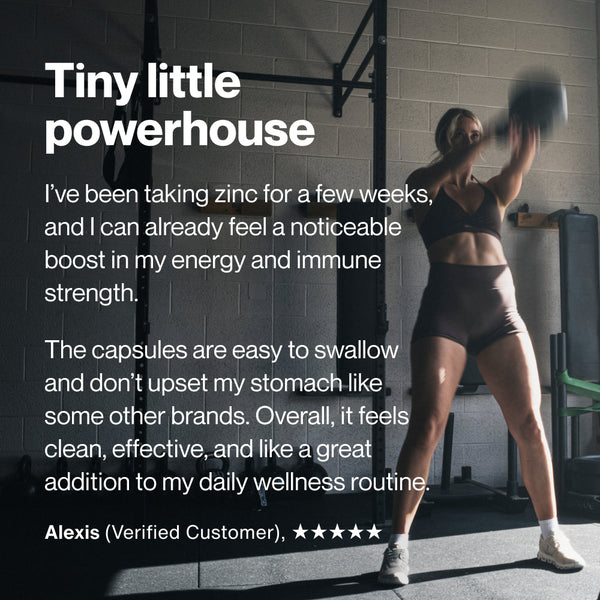 Woman exercising with a kettlebell in a gym beside a testimonial praising Zinc for boosting energy and immune strength as part of a daily wellness routine.