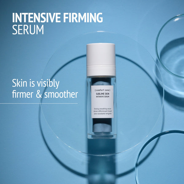 Bottle of intensive firming serum displayed on a clear glass dish with blue background, promoting firmer and smoother skin with Kit Italian Garden | [ comfort zone ].