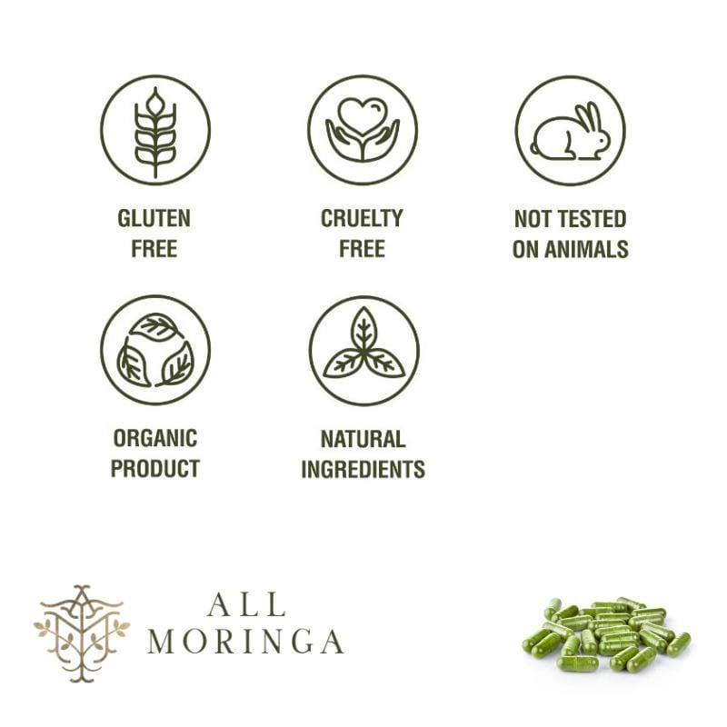 Premium Organic Moringa Oleifera Leaf Powder In Vegan Capsules - 1 month supply | All Moringa