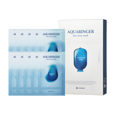 Set of ten moisturizing face masks with blue and white packaging displayed next to a box, featuring the product Leaders Skin Clinic Mask Aquaringer | Leaders.