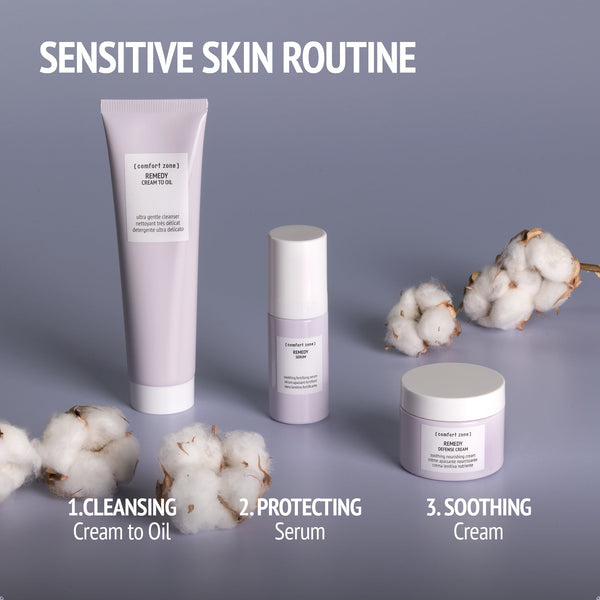 Three skincare products from Remedy Cream | [ comfort zone ] for sensitive skin routine including cream to oil cleanser, protecting serum, and soothing cream displayed with cotton branches on a gray background.