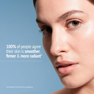 Close-up of a woman with clear, radiant skin highlighting skincare results, featuring text stating 100% of people agree their skin is smoother, firmer, and more radiant after using Sublime Lift-Mask | [ comfort zone ].