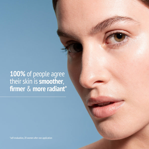 Close-up of a woman's smooth, radiant skin highlighting skincare results with text stating 100% of people agree their skin is smoother, firmer, and more radiant after using Sublime Skin Mask | [ comfort zone ].