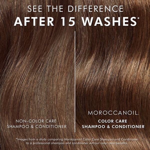 Close-up comparison of hair after 15 washes, showing improved color vibrancy and shine with Color Care Shampoo - Travel | Moroccanoil versus non-color care shampoo and conditioner.