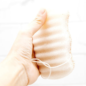 Hand holding a textured exfoliating sponge with a natural walnut shell edge and string loop, designed for skincare and body care use, Konjac Walnut Exfoliating Body Sponge | Bathorium.