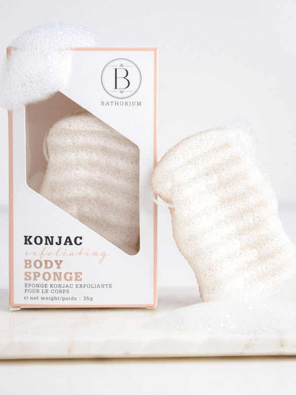 Konjac Walnut Exfoliating Body Sponge | Bathorium displayed with lathered foam, showing natural texture designed for gentle skincare exfoliation and body care wellness.