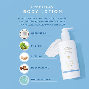 Hydrating Body Lotion | Pure Fiji bottle with a creamy lotion texture, surrounded by ingredient icons including coconut oil, dilo oil, sikeci oil, macadamia oil, and hyaluronic acid on a blue background.